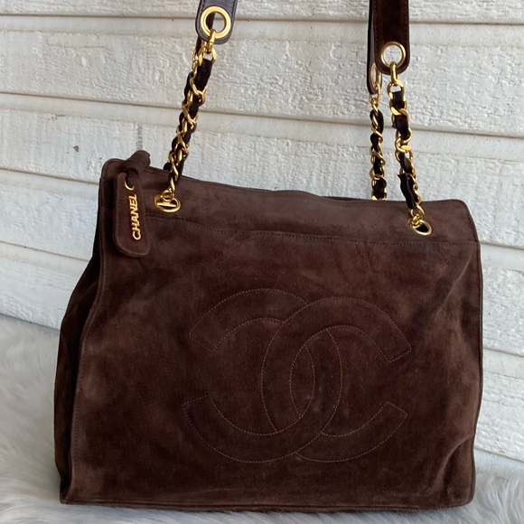 CHANEL Brown Suede Jumbo CC Chain Tote Handbag Vintage Classic - Picture 9 of 16